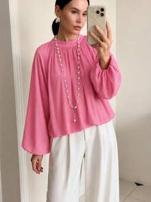 Women's Spring/Summer Casual Vacation Versatile Pink Backless Slit Design Long Sleeve Top, Brunch & Vacation Pink Top - Pink - View 9