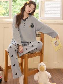 2pcs Women's Pajama Lounge Set, Pullover Round Neck Cute Cat Print Minimalist Long Sleeve Cropped Pants, Comfortable For Home Wear - Grey - View 9