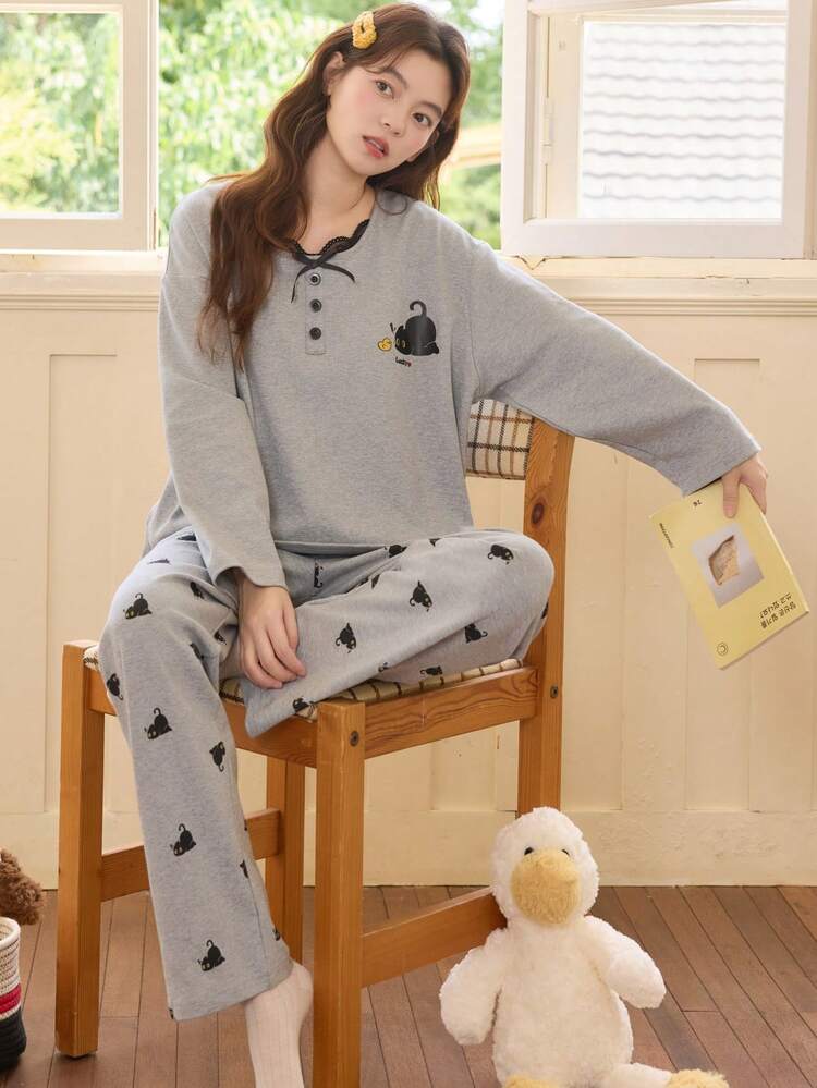 2件組女款睡衣家居套裝，圓領套頭上衣配可愛貓咪印花簡約長袖短褲，舒適居家穿著 - 灰色 - 查看 9