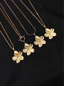 1pc Minimalist Natural Style Stainless Steel Gold-Plated Flower Pendant Necklace, Unisex, Daily Wear, Holiday Wear, Niche Luxury, Versatile - Yellow Gold - View 4