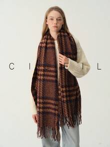 1pc Women's Fashion Versatile Plaid Multicolor Patchwork Polyester Scarf, Warm For Autumn/Winter, Daily Wear - Blue Camel - View 3