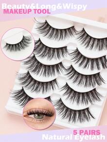 Soft Fluffy Thin Long Full Strip False Eyelashes, 5 Pairs Graduated Length False Eyelashes, Lightweight Flexible Lash Stem, Gentle Reusable, Create Natural Extended Voluminous Eye Makeup Effect - Black - View 1
