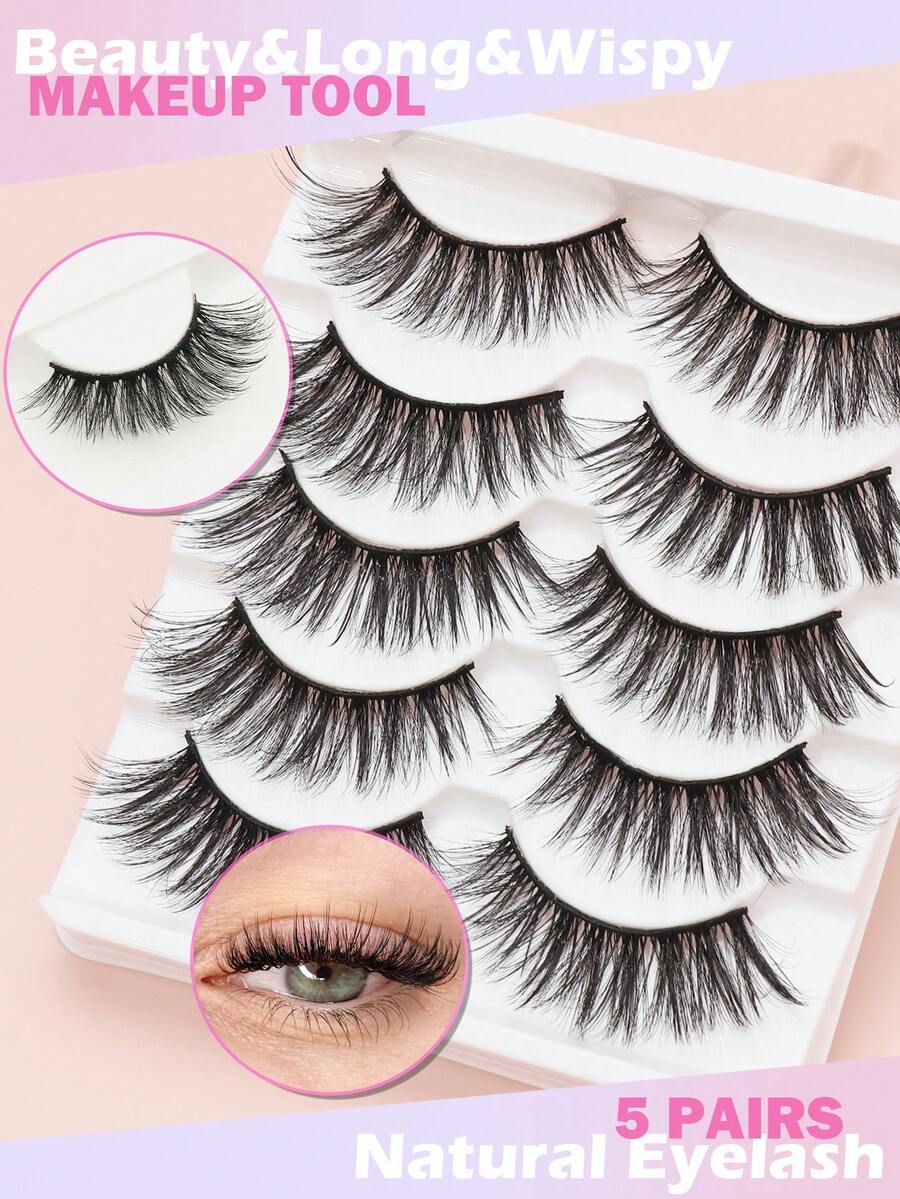 Soft Fluffy Thin Long Full Strip False Eyelashes, 5 Pairs Graduated Length False Eyelashes, Lightweight Flexible Lash Stem, Gentle Reusable, Create Natural Extended Voluminous Eye Makeup Effect - Black - View 1