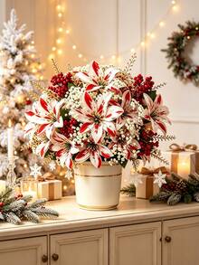 12/6/1pc Set Artificial Red & White Poinsettia Bouquet With Baby's Breath, Holiday Floral Arrangement Kit, Suitable For Fireplace, Stair Railing, Dining Table, Vase, Balcony Planter And Stage Backdrop, Perfect For Christmas Tree And Home Decor - Multicolor - View 9