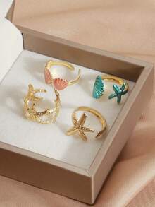 Ocean Starfish Shell Enamel Ring Set, Adjustable Open Stacking Rings, Summer Beach Vacation Jewelry For Women - Multicolor - View 5