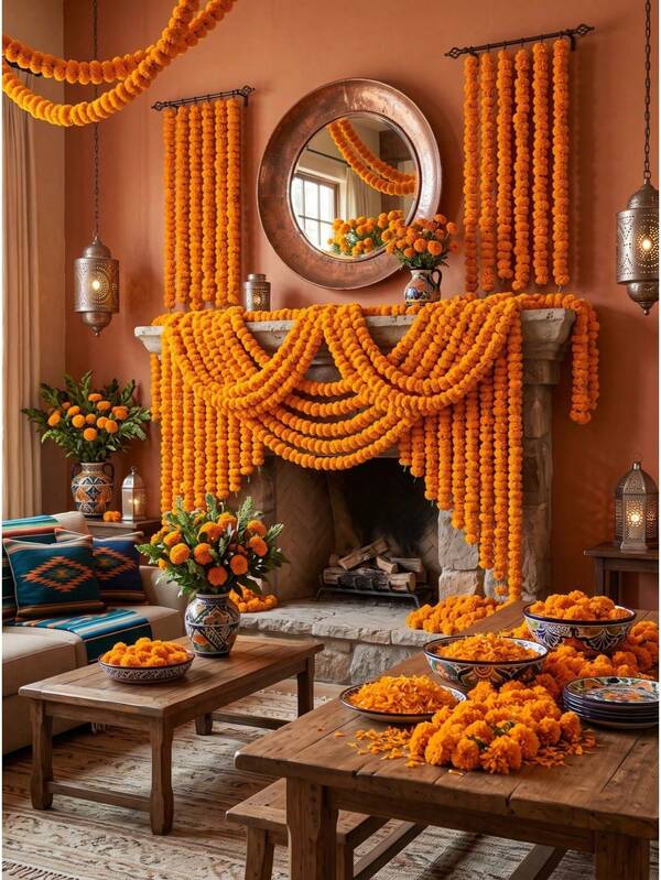 2pcs Orange Artificial Marigold Flower Wreath, 150cm Marigold Flower Garland With 30 Flower Heads, Day Of The Dead Hanging Decor, Day Of The Dead Party Decoration, Home Decor