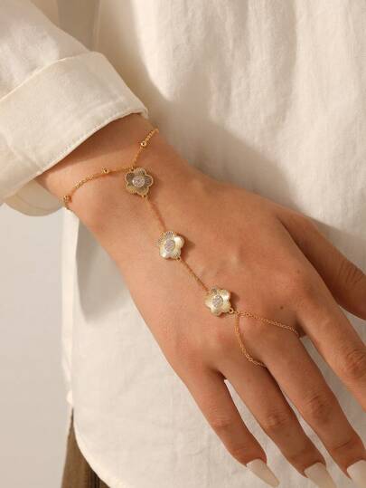 1pc Fashion Copper Zirconia Flower Pendant Women's Finger Bracelet Daily Accessory