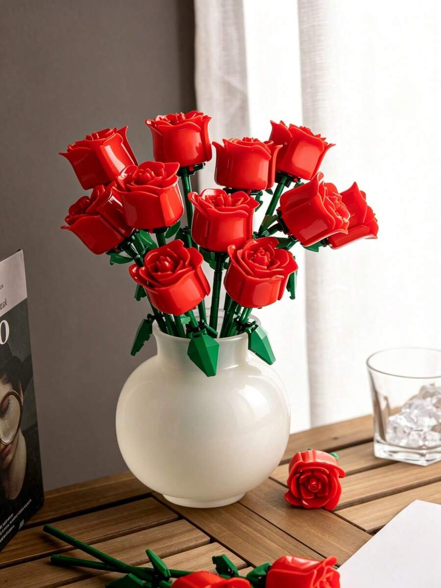 Youleli 7pcs DIY Building Block Floral Set, Customizable Bouquet Toy, Home Desktop Decor, Realistic Rose Lily Orchid, Holiday Birthday Gift For Women