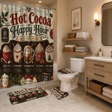 1pc/4pcs Christmas American Hot Cocoa Menu Multi-Functional Bathroom Decor Shower Curtain Set, Free 12 Hooks, Premium Holiday Atmosphere, Bathroom Mat, U-Shaped Floor Mat And Round Toilet Lid Cover, Suitable For All Christmas Scenes Decoration - American Hot Cocoa - View 4