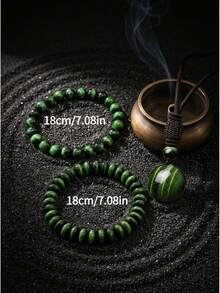 Green Tiger Eye Bead Jewelry Set, Round Bead Bracelet And Pendant Necklace, Unisex - Three Piece Set - View 5