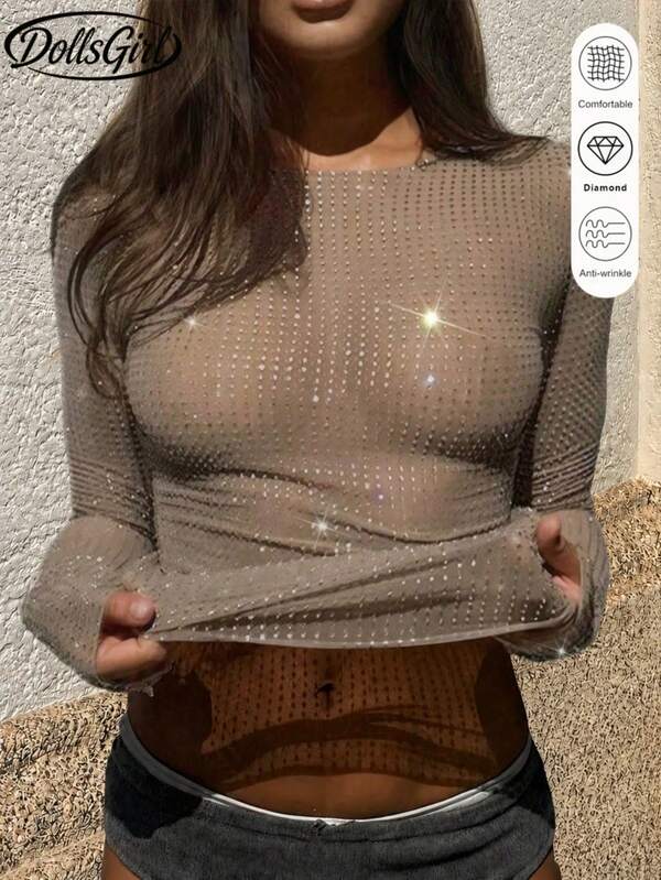 قميص تي شيرت طويل الأكمام بياقة مستديرة لامع مناسب للنساء للخارج والتخييم ومهرجانات الموسيقى في الربيع