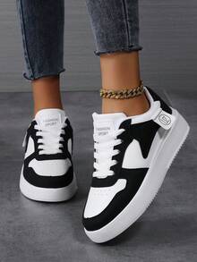 Women's Colorblock Lace-Up Thick Sole Casual Sneakers, Minimalist Contrast Color Upper Design, Suitable For Daily Wear, Commuting, All Seasons - White/Black - View 3