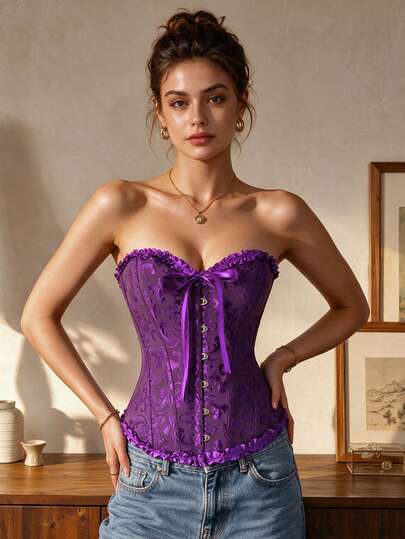Vintage Holiday Purple Jacquard Bandeau Corset Top With Ruffle Trim Heart Neckline, Suitable For Valentine's Day, Halloween, Christmas Evening Wear