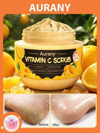 AURANY 維生素C煥活浮石足部磨砂去角質霜，足部去角質磨砂膏，維生素C足部與手部磨砂膏，深層清潔乾燥龜裂的足部與手部，亮白保濕日常足部護理，適合所有膚質，250g