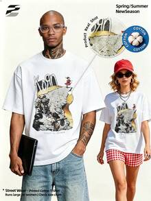 Damen weiches Baumwoll bedrucktes Rundhals T-Shirt, Vintage Y2K Stil, atmungsaktives Kurzarm Oberteil für Alltag & Wochenendkleidung. - Weiss - Übersicht 2