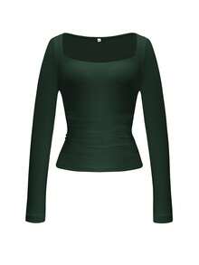 GLAMSKIN 女款條紋性感修身長袖針織上衣，純色方領基礎 T-shirt，適合秋季出遊、日常休閒街頭穿搭、返校季 - 墨綠色 - 查看 3