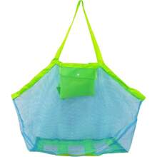 Large Mesh Beach Tote Bag, Blue Mesh Fabric With Green Straps, Zipper Closure, 18 X 12 X 18 Inch, Storage Bag For Sand‑Covered Items, Wet Towels, Pool And Travel Use - View 8