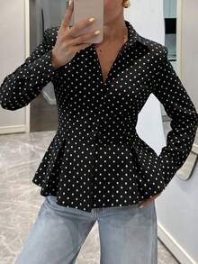 Unadoll Women's Autumn Black Polka Dot Ruffle Trim Blouse, Elegant Long Sleeve Slim Fit Shirt, Fashionable For Commuting, Office And Back To School - Black - View 6