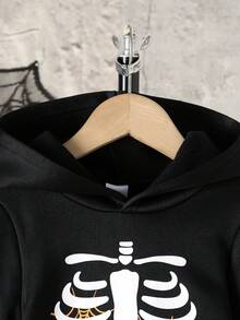 Setelan Halloween Anak Laki-Laki: Hoodie 2 in 1 Motif Tulang Tengkorak + Celana Jogging Motif Tulang Tengkorak - Hitam - View 3