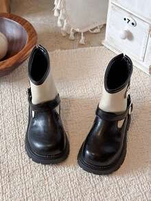 Sepatu Bot Setengah Betis Model Vintage Warna-warni untuk Anak Perempuan dengan Gesper Logam, Sol Tebal, Bagian Bawah Lembut Anti Selip, Sepatu Bot Pergelangan Kaki Modis untuk Musim Gugur/Dingin - Hitam - View 2