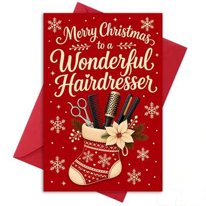 1/3sets Merry Christmas To A Wonderful Hairdresser Greeting Cards,Red Background Christmas Stocking With Hair Styling Tools Design,Suitable For Salon Staff Gifts, Hairdresser Thank You Cards For Holiday & Client Gifts