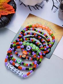 6pcs/Set Halloween Stackable Bracelets, Holiday Party Pumpkin Ghost Skull Letter Beaded Elastic Wristbands - Multicolor - View 3