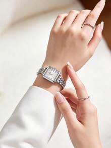 1件女款方形復古串珠石英手錶，銀色合金錶殼，銀白色太陽圖案錶盤，優雅手錶，適合日常佩戴與送禮 - 銀色 - 查看 4