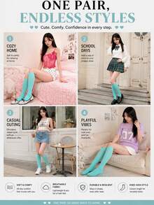 Women's Solid Color Knee-High Socks, Soft Elastic Calf Socks, Cute Academic Style Daily Wear Leg Socks, Suitable For School, Comfortable Breathable Long Socks - Multicolor - View 3