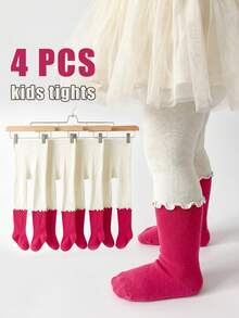 4 Pairs Toddler Kids Girls Ruffle Cuff Color Block Tights High Stretch Breathable Moderate Thickness Daily Wear Leggings - Multicolor - View 10