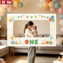 One-Year-Old Birthday Photo Booth Photo Frame, Colorful Cartoon-Style Selfie Props, Printed With Balloons, Gift Boxes And Cake Patterns, First Birthday Decoration Photo Frame. - 1 - View 4