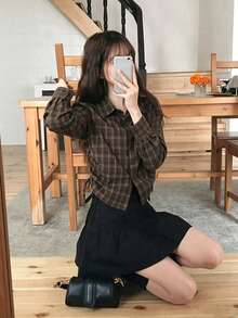 Women's Autumn Casual Plaid Shirt With Side Drawstring - Rust Brown - View 6