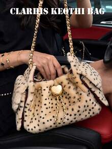 Shoulder Bag With Personalized Polka Dot Pattern, Heart Hardware Accent, Soft Plush Material, Practical Storage With Drawstring Closure, Versatile Chain Bag For Daily Shopping, Travel, Commute, Atmosphere Crossbody Bag - Beige - View 5