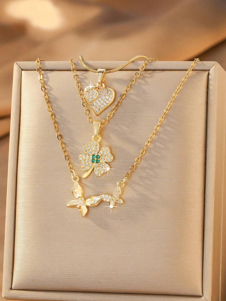 3pcs Niche Luxury Multi-Layer Stackable Heart Clover Butterfly Pendant Necklace, Exquisite Atmosphere, Suitable For Women's Daily, Party And Holiday Wear, Beautiful Jewelry Gift For Women