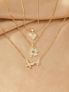 3pcs Niche Luxury Multi-Layer Stackable Heart Clover Butterfly Pendant Necklace, Exquisite Atmosphere, Suitable For Women's Daily, Party And Holiday Wear, Beautiful Jewelry Gift For Women - Necklace Set - View 5