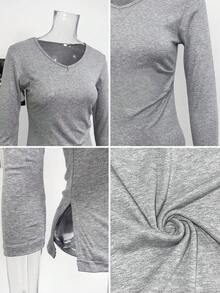 Autumn New V-Neck Cinched Waist Pocket Long Sleeve T-Shirt, Slim Fit Flattering Sexy Top - Grey - View 8