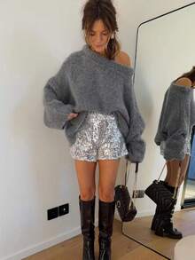 Women's Casual Grey Solid Color Long Sleeve Pullover Sweater, Rib-Knit Round Neck Drop Shoulder Sweater - Grey - View 6