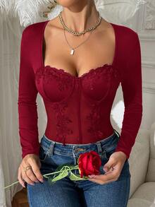 RAHQ 1pc Fashionable Bodysuit, Long Sleeve Square Neck, Delicate Sheer Mesh Decor, Slim Fit - Red - View 4