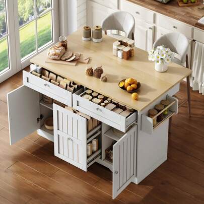 Isola cucina mobile Flieks con piano di lavoro pieghevole, carrello di servizio e mobile contenitore, con 2 cassetti verticali, 2 cassetti grandi e ruote bloccabili, 120 * 45 (70) * 92 cm