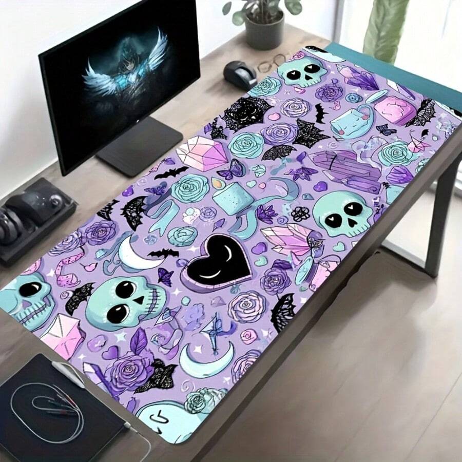 Large Gaming Mouse Pad, Purple Background With Skull And Rose Pattern Design, Includes Non-Slip Washable Rubber Base, Suitable As Desktop Accessory Or Computer Setup Decoration, Dirt-Resistant, Suitable For Gaming - Mouse Pad - View 1