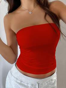 GLAMSKIN Damen Sexy Trägerloses Top, Sommer/Herbst Lässig Doppellagig Slim Fit Basic Camisole, Schulanfang, Streetwear und Strandurlaub Rot - Rot - Übersicht 8