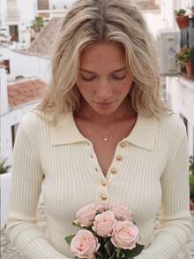 Sweater Pullover Wanita Lengan Panjang Rajut Bergaris dengan Kerah Polo dan Kancing, Musim Gugur/Dingin - Aprikot - View 8