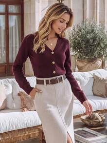NiceArt Women's V‑Neck Gold Button Front Long Sleeve Knit Cardigan Wool Blended Fall Winter Elegant Vintage For Festival Office Date Party Outfits - Burgundy - View 3