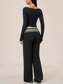 TimeOff Women's One Set Autumn/Winter Striped 2 In 1 Patchwork Oversized Scoop Neck Halter Long Sleeve Folded Waist Wide Leg Pants Sportswear Set - Black - View 3