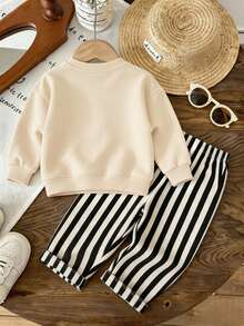 Vintage 2-Piece Baby Boy Sports Set, Bold Slogan Print Sweatshirt And Striped Long Pants, Soft Infant Spring/Autumn/Winter Outfit - Apricot - View 3