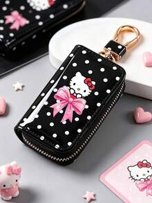 SANRIO Hello Kitty Print Universal Polka Dot Glossy Car Key Holder Zipper Pouch With Inner Chain & Gold Clip Hook, Anti-Scratch Key Fob Cover Case - Multicolor - View 10