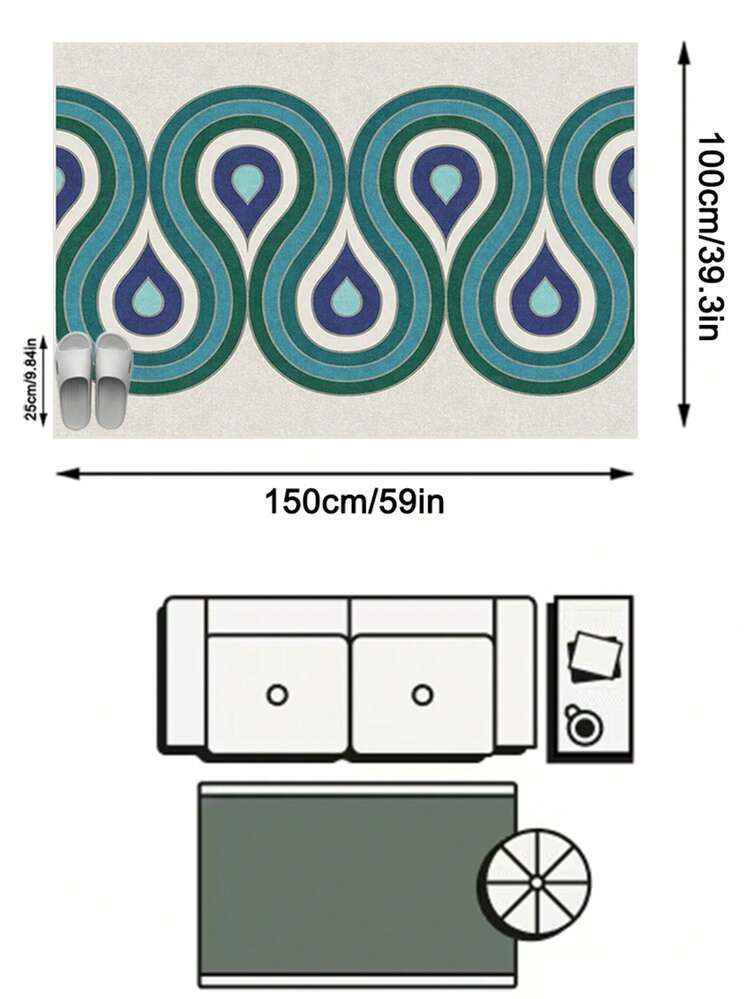 1PC Beige Background Blue-Green Concentric Water Drop Wave Area Rug, Modern Retro Style Faux Cashmere Rectangular Curved Geometric Striped Machine Washable Mat, Suitable For Living Room, Bedroom, Entryway Home Decor - Multicolor - View 12