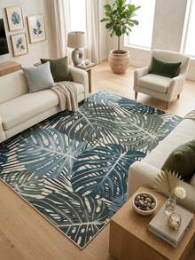 1PC Monstera & Palm Leaf Print Water Blue & Cream Area Rug, Modern Tropical Style Faux Cashmere Rectangular Intertwined Plant Leaf Pattern Machine Washable Floor Mat, Suitable For Living Room, Bedroom, Balcony Home Decor - Multicolor - View 5