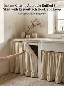 1/2pcs Green Striped Farmhouse Style Ruffle Trim Cabinet Curtains, Brown Striped Pleated Short Curtains For Bathroom, Kitchen Sink, Home, Classroom, Farmhouse, Country, Under Table Privacy, Laundry Room - Green - View 9