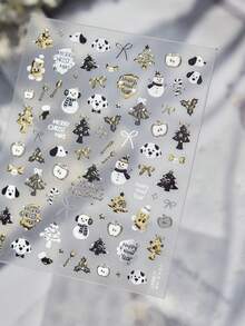 1片 5D 金箔聖誕美甲貼紙，黑白小狗、雪人、聖誕樹、蝴蝶結、Merry Christmas 字母自黏式美甲貼花 DIY 美甲裝飾配件 - 彩色 - 查看 3