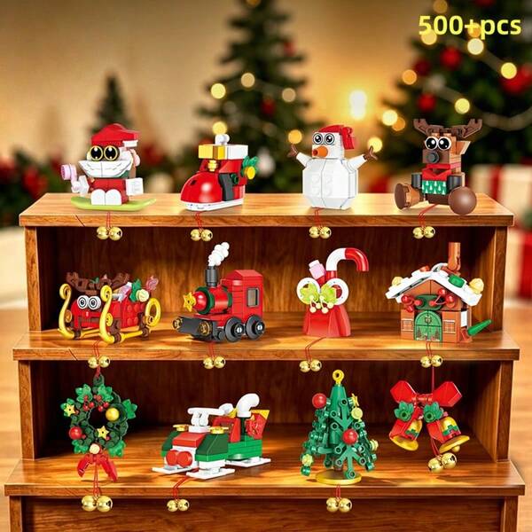 Juego de 500+ piezas de bloques de construcción navideños, decoración colgante de campana de árbol de Navidad para ensamblar DIY, decoraciones de bloques de construcción de Papá Noel, muñeco de nieve, reno y tren pequeño, juguete de rompecabezas creativo, regalo ideal para fiestas navideñas, regalo de Navidad y Año Nuevo